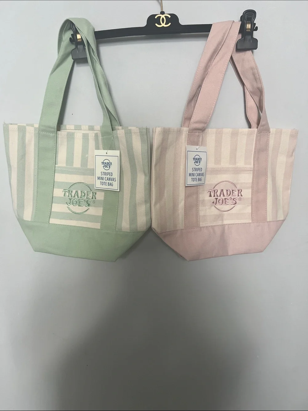 Trader Joe's Mint Green & Light Pink Striped Mini Canvas Tote Bags